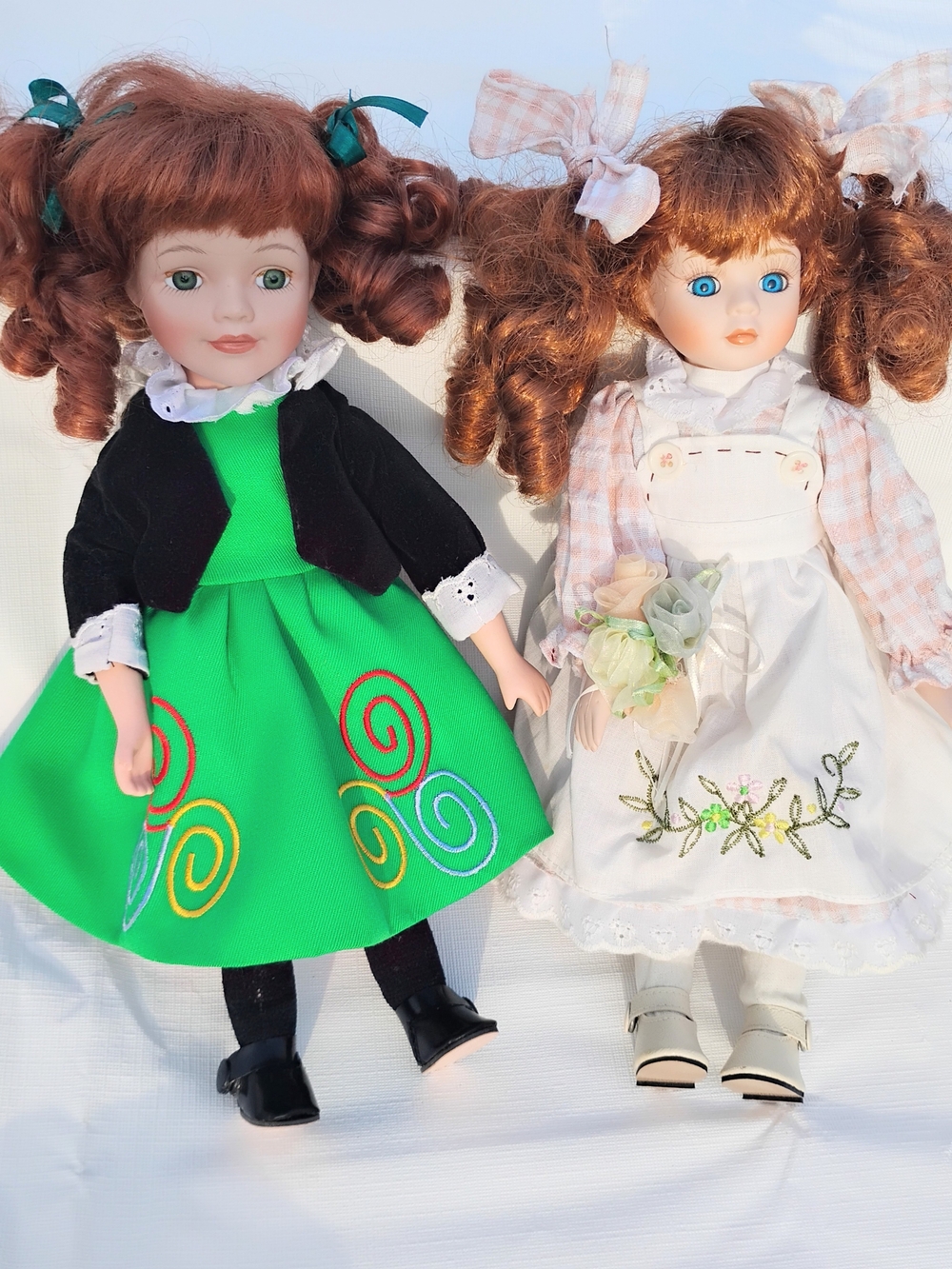 Pair Of Vintage 90s Porcelain Bisque Irish/Celtic Heritage Dolls Red Curly Hair